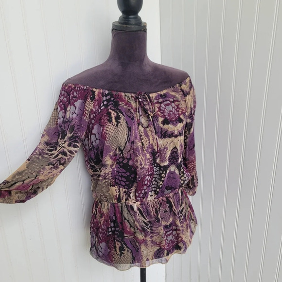 M-Label Women Pink Purple Beige Chiffon Floral Shirt Blouse BOHO Off Shoulder XS - Picture 1 of 10